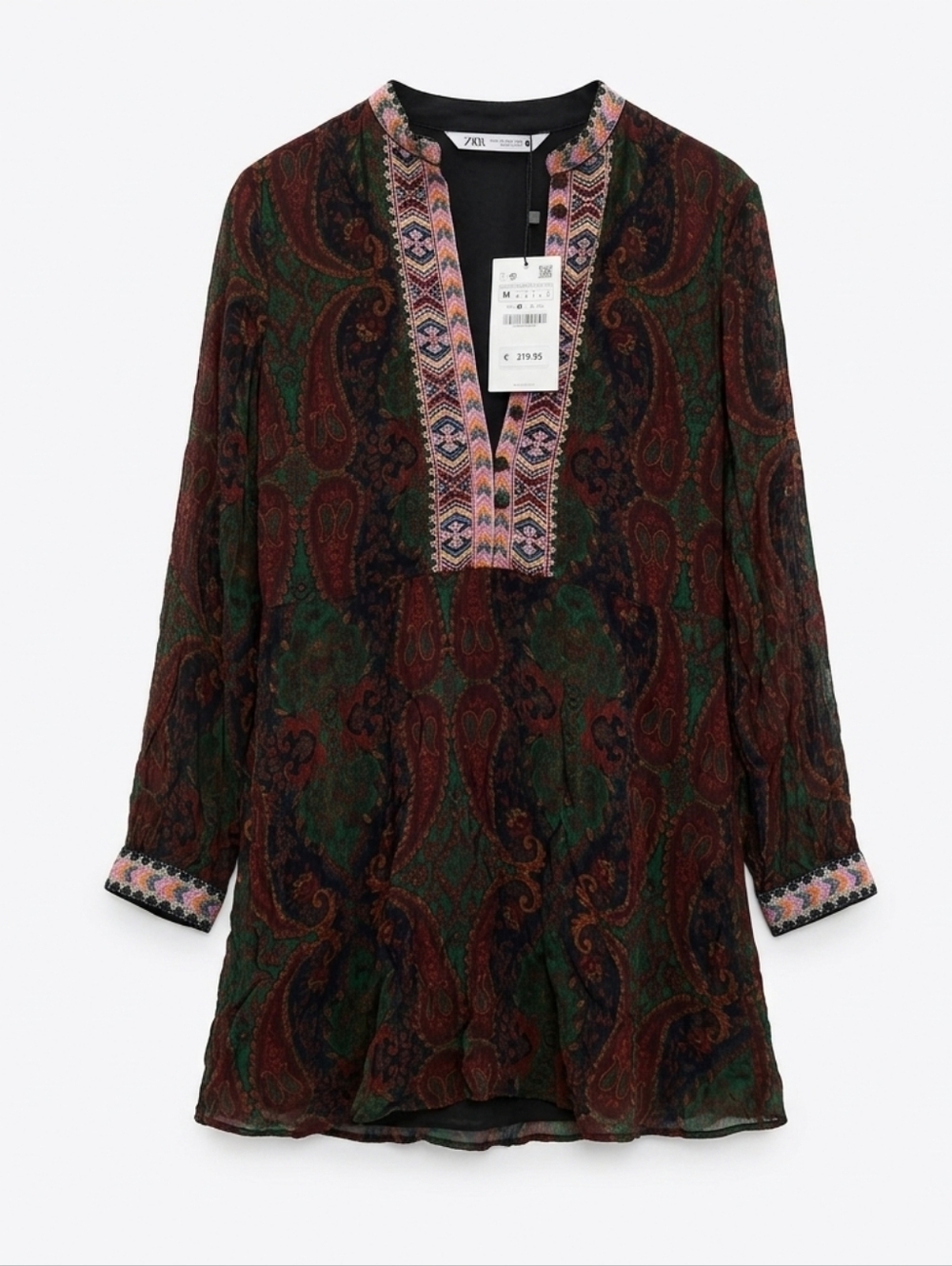 NWT Zara Embroidered Paisley Print V-Neck Boho Tunic Mini Dress Size M